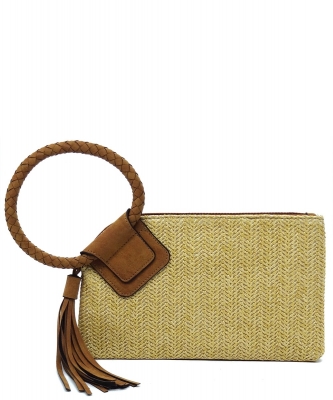 Straw Cuff Handle Tassel Wristlet Clutch ST204 TAN